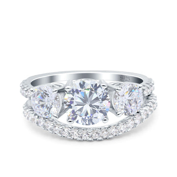 Three Stone Art Deco Wedding Piece Ring Round Simulated Cubic Zirconia 925 Sterling Silver